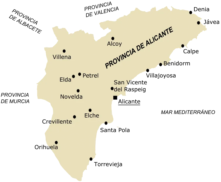 Carte de la région d'Alicante - Alicante Environ