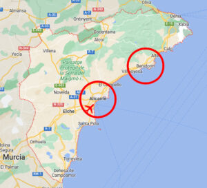 Alicante und Benidorm auf der Karte